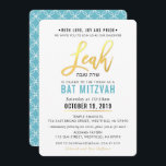 Invitación BAT MITZVAH, guión azul turquesa de oro LEAH<br><div class="desc">por kat massard >>> kat@simplysweetPAPERIE.com <<< Un diseño de invitación de moda para el programa de instalación BAR/BAT MITZVAH de su hijo como plantilla es sencillo para usted agregar sus propios detalles, o pulsar el botón personalizar y puede agregar o cambiar texto, tipos de letra, tamaños, etc. TIP: 1. Para...</div>