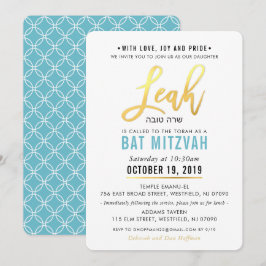 Invitación BAT MITZVAH, guión azul turquesa de oro LEAH