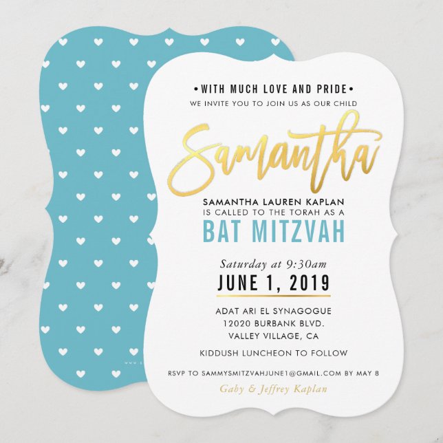 Invitación BAT MITZVAH guión azul turquesa dorado SAMANTHA (Anverso / Reverso)