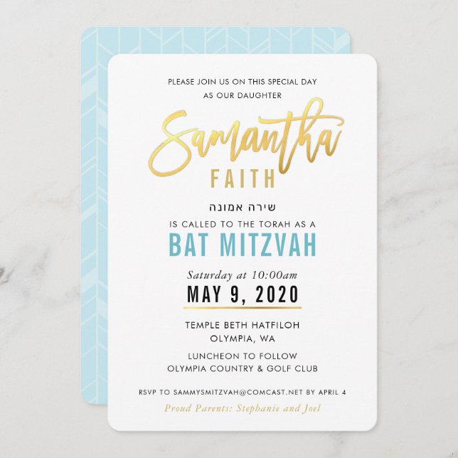 Invitación BAT MITZVAH guión azul turquesa dorado SAMANTHA (Anverso / Reverso)