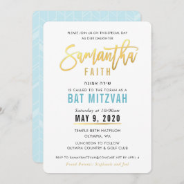 Invitación BAT MITZVAH guión azul turquesa dorado SAMANTHA