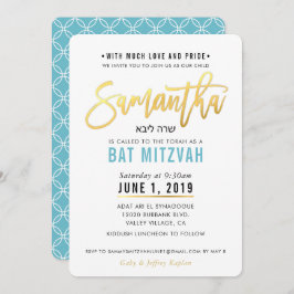 Invitación BAT MITZVAH guión azul turquesa dorado SAMANTHA