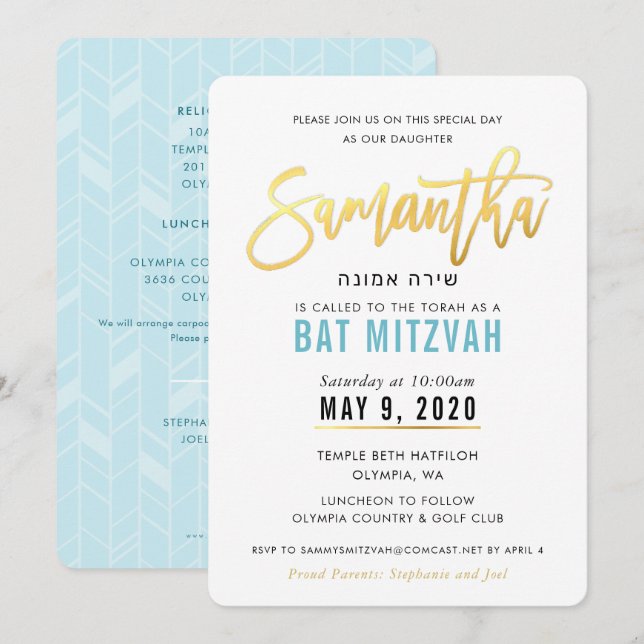 Invitación BAT MITZVAH guión azul turquesa dorado SAMANTHA (Anverso / Reverso)