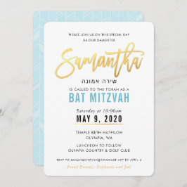 Invitación BAT MITZVAH guión azul turquesa dorado SAMANTHA