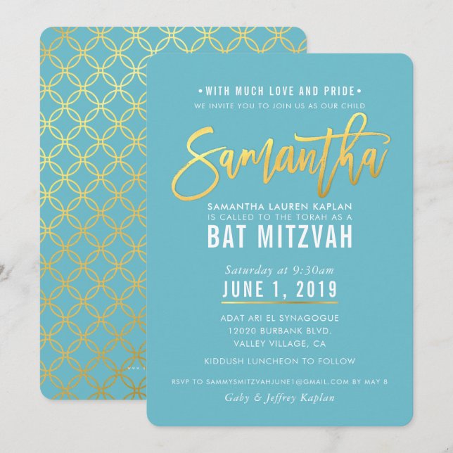 Invitación BAT MITZVAH guión de oro blanco turquesa SAMANTHA (Anverso / Reverso)