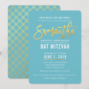 Invitación BAT MITZVAH guión de oro blanco turquesa SAMANTHA