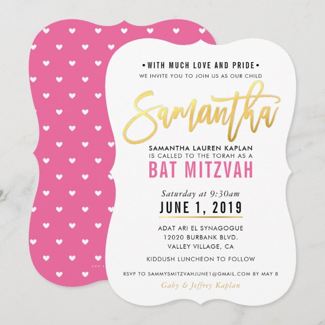 Invitación BAT MITZVAH guión de oro rosa bonito SAMANTHA (Anverso / Reverso)