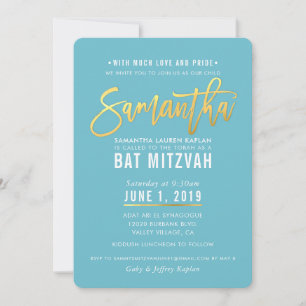 Invitación BAT MITZVAH guión dorado turquesa SAMANTHA