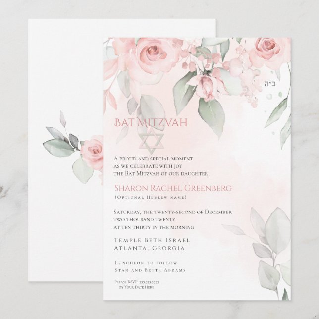 Invitación Bat Mitzvah Hermosa Rubor Roses rosados (Anverso / Reverso)