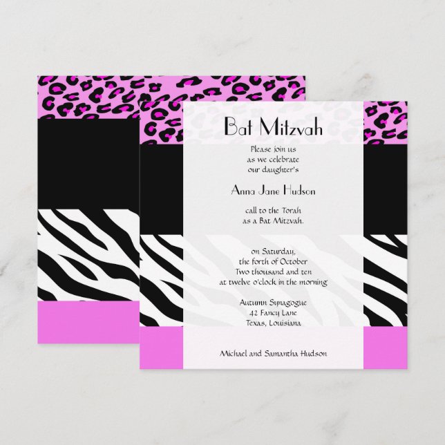 Invitación Bat Mitzvah - Impresión animal, cebra, leopardo -  (Anverso / Reverso)