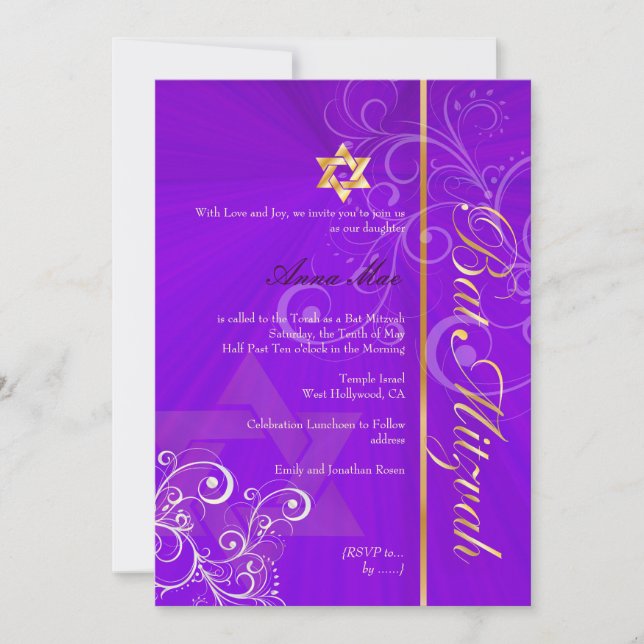 Invitación Bat Mitzvah/índigo/dorado (Anverso)