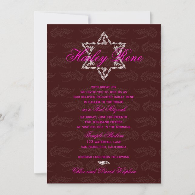 Invitación Bat Mitzvah invita a Hailey con maroon Damask (Anverso)