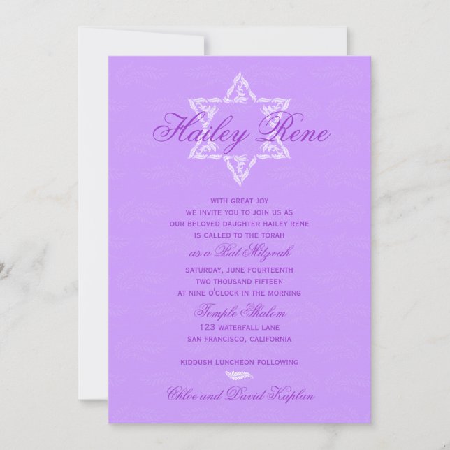 Invitación Bat Mitzvah invita a Hailey con púrpura Damasco (Anverso)