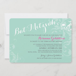 Invitación BAT MITZVAH INVITA a la elegante menta florida ros
