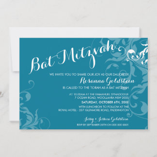 Invitación BAT MITZVAH INVITA elegante y florido turquesa