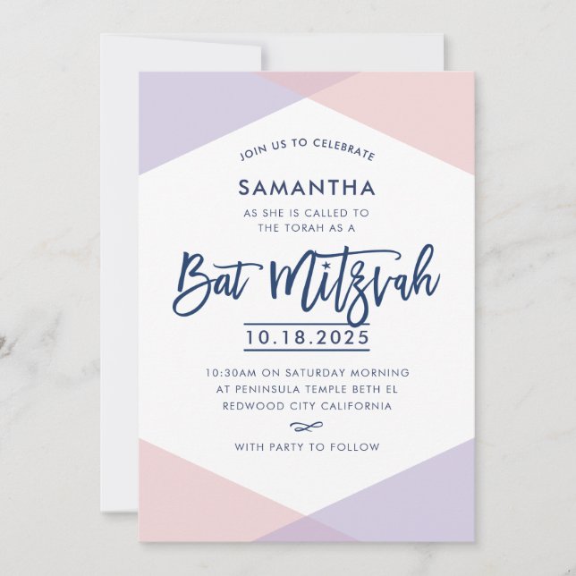 Invitación BAT MITZVAH INVITA mano con letras púrpura rosa pá (Anverso)