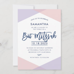 Invitación BAT MITZVAH INVITA mano con letras púrpura rosa pá