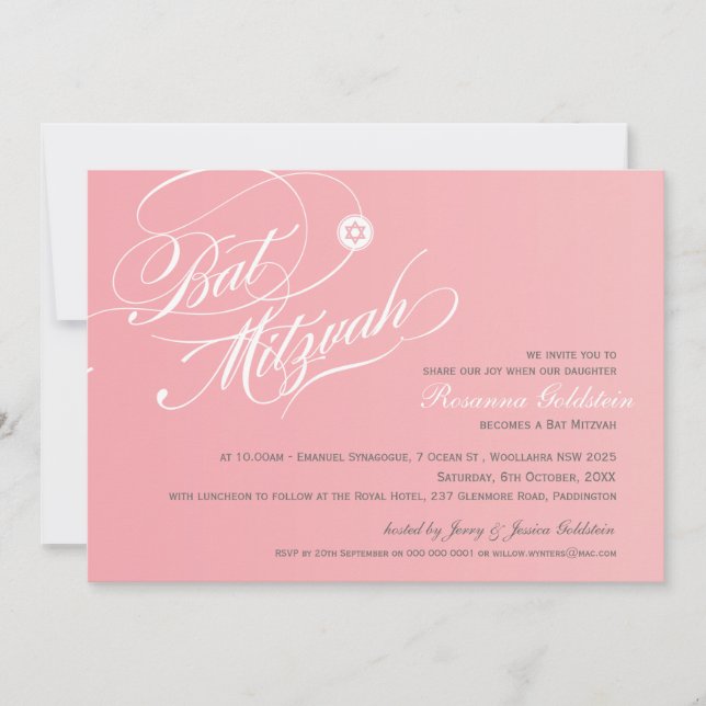 Invitación BAT MITZVAH INVITA tipografía elegante color rosa  (Anverso)