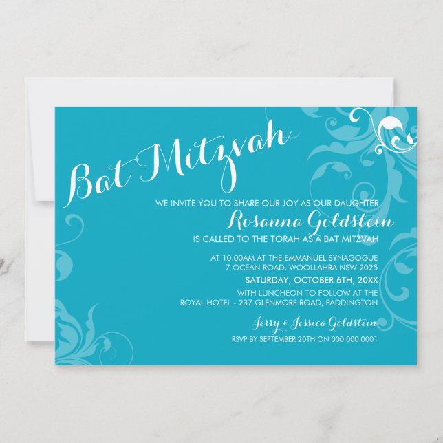 Invitación BAT MITZVAH INVITE elegante y floreciente agua tur (Anverso)
