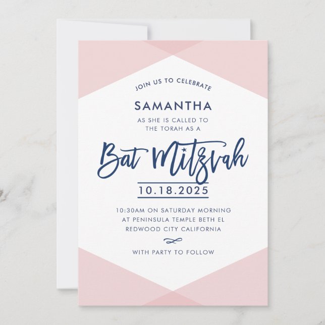 Invitación BAT MITZVAH INVITE mano maraña marina pálido rosa (Anverso)