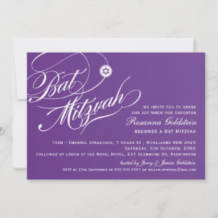 Invitación BAT MITZVAH INVITE tipografía elegante color púrpu