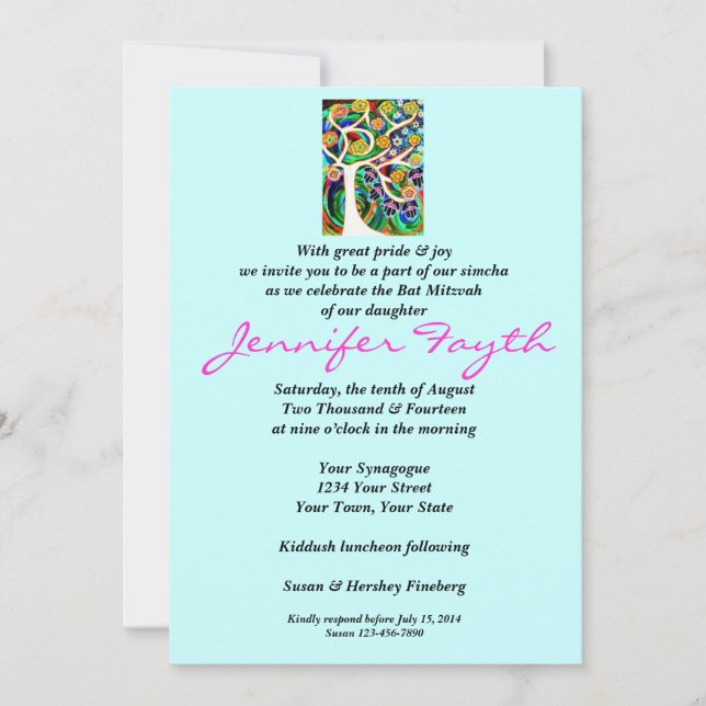 Invitación Bat Mitzvah - Judaica Hamsa Marfil Tree Of Life (Anverso)