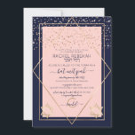 Invitación Bat Mitzvah, la frontera de la marina con el oro r<br><div class="desc">Esta elegante y moderna invitación a Bat Mitzvah es ideal para un evento formal y elegante. Presenta un falso purpurina dorado brillante impreso espolvoreado sobre un diamante geométrico delgado y un borde rectangular con un borde grueso azul marino debajo y un relleno rosa rubor junto a estrellas doradas de David....</div>