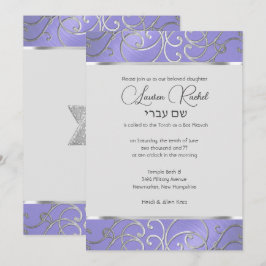 Invitación Bat Mitzvah Lavanda Púrpura Plata Filigrana