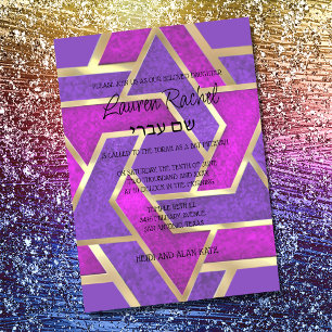 Invitación Bat Mitzvah Layered Stars of David Purple Pink