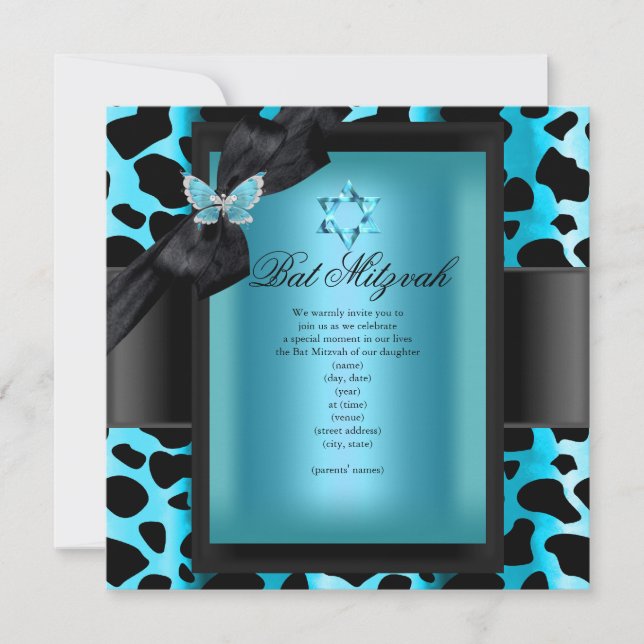Invitación Bat Mitzvah Leopardo Mariposa Azul Verde azulada (Anverso)