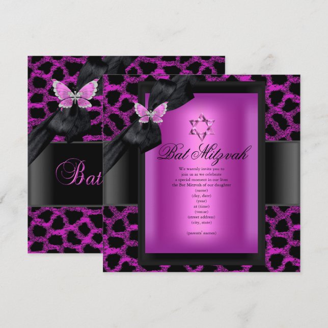Invitación Bat Mitzvah Leopardo Mariposa Rosa (Anverso / Reverso)