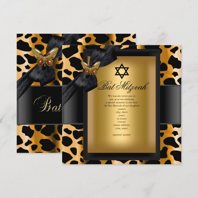 Invitación Bat Mitzvah Leopardo Oro Mariposa Negra (Anverso / Reverso)