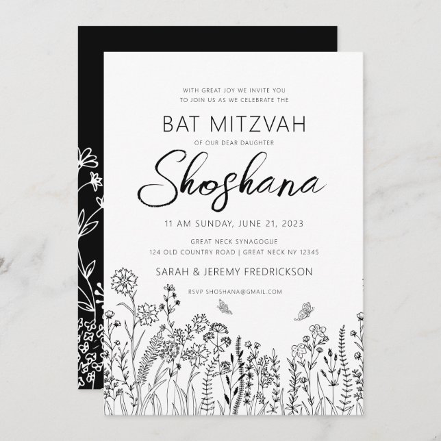 Invitación Bat Mitzvah LETRA manuscrita HEBREA Floral (Anverso / Reverso)