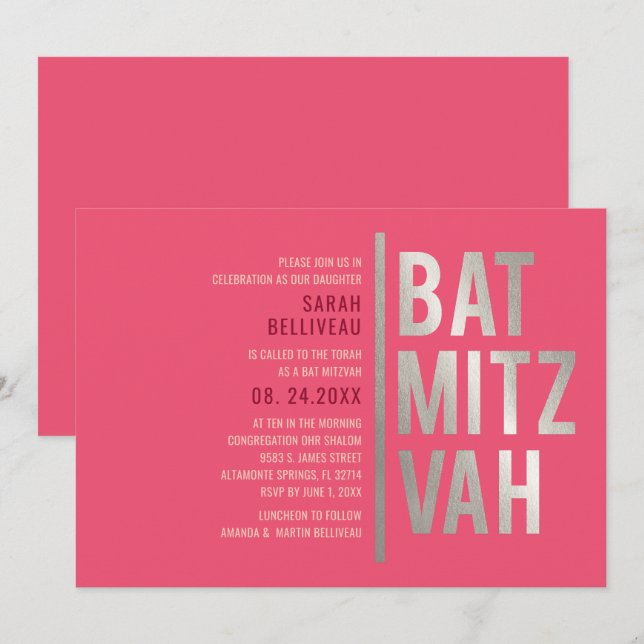 Invitación Bat Mitzvah Letra Moderna y Negrita (Anverso / Reverso)