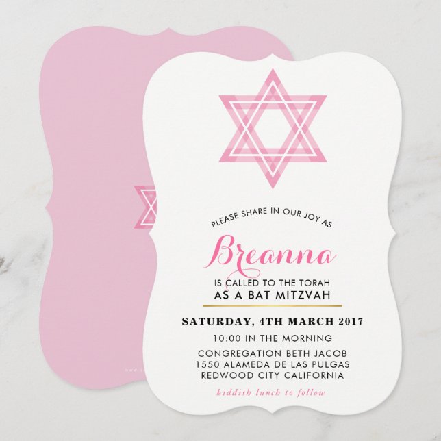 Invitación BAT MITZVAH lindo moderno entre estrellas de rosa  (Anverso / Reverso)