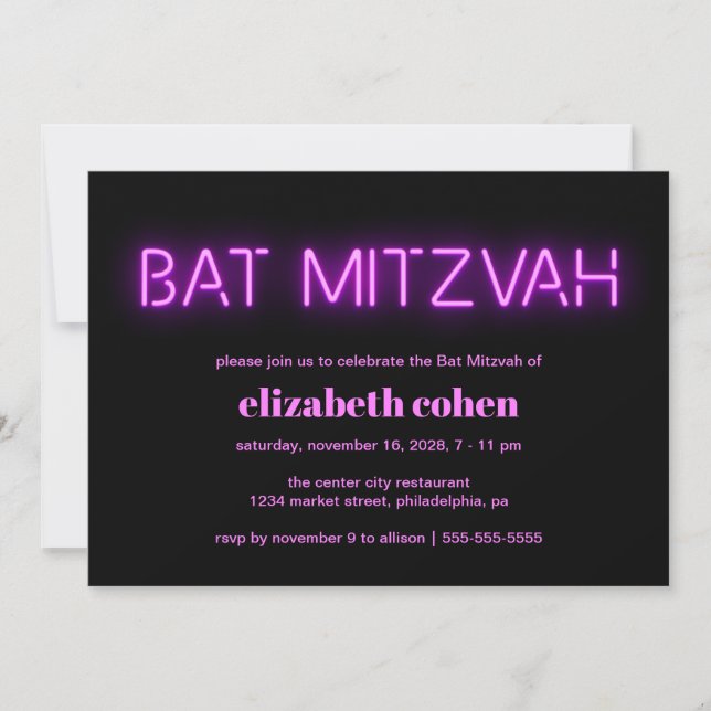 Invitación Bat Mitzvah Luces de Neón Rosa (Anverso)