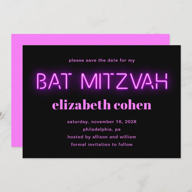 Invitación Bat Mitzvah Luces De Neón Rosa Código QR Guardar F (Anverso / Reverso)
