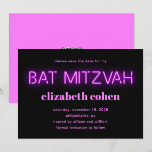 Invitación Bat Mitzvah Luces De Neón Rosa Código QR Guardar F