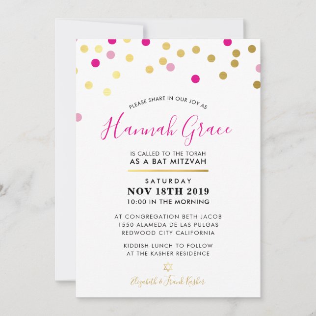 Invitación BAT MITZVAH Lugares modernos de confeti divertido  (Anverso)