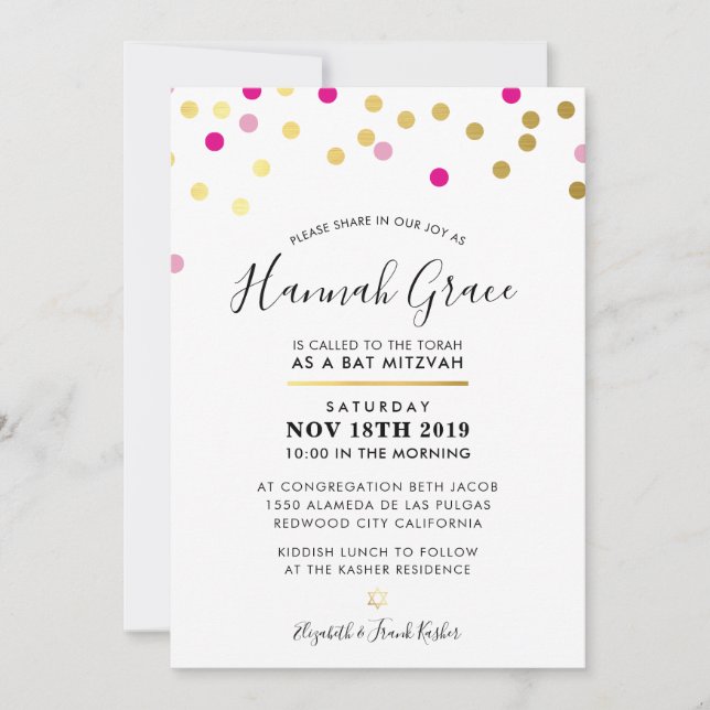 Invitación BAT MITZVAH Lugares modernos de confeti divertido  (Anverso)
