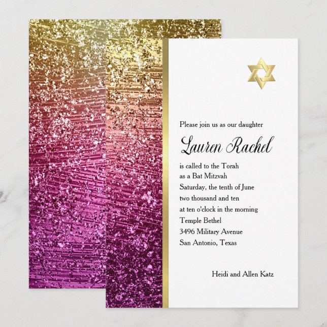 Invitación Bat Mitzvah Magenta Purpurinoso rosa y dorado (Anverso / Reverso)