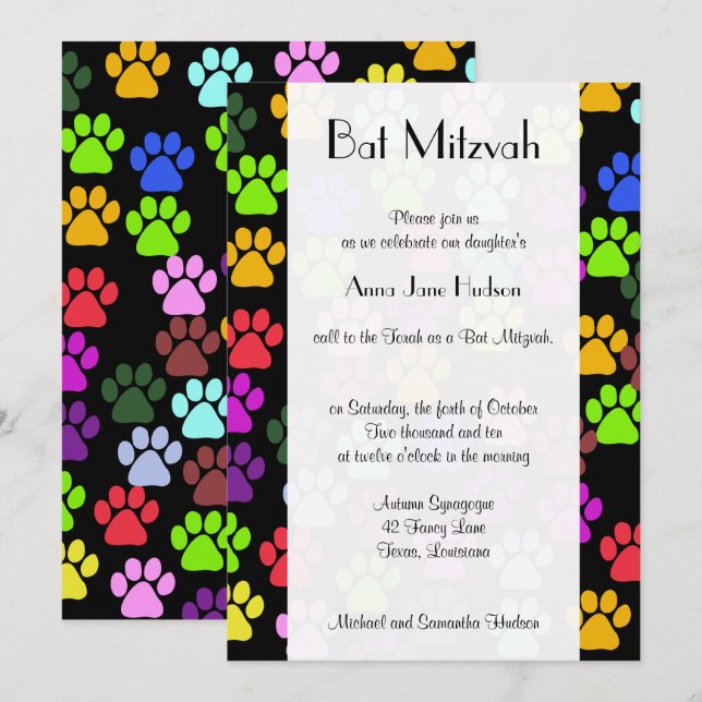 Invitación Bat Mitzvah - Manitas de perro, huellas de pata -  (Anverso / Reverso)