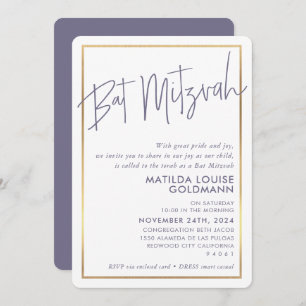 Invitación BAT MITZVAH marco de oro malva morado mínimo moder