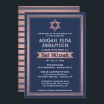Invitación Bat Mitzvah Marina moderna Blue Pink Rose Gold Tre<br><div class="desc">Invitar a la familia y amigos a una elegante ceremonia de mitzvah en murciélago y celebración con una elegante invitación en oro color azul marino, blanco y rosa rosa. Todo el texto de esta plantilla es sencillo para el personalizar con cualquier texto relativo al servicio, lectura de Torah y fiesta....</div>
