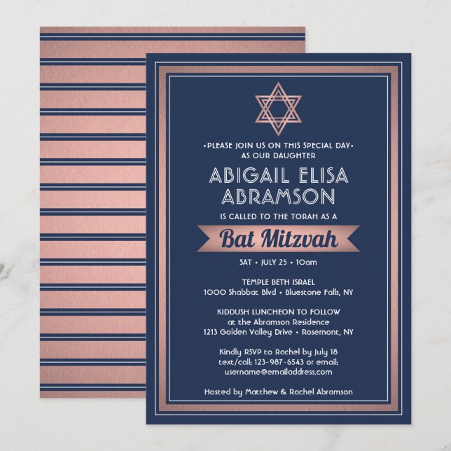 Invitación Bat Mitzvah Marina moderna Blue Pink Rose Gold Tre (Anverso / Reverso)