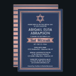 Invitación Bat Mitzvah Marina moderna Blue Pink Rose Gold Tre<br><div class="desc">Invitar a la familia y amigos a una elegante ceremonia de mitzvah en murciélago y celebración con una elegante invitación en oro color azul marino, blanco y rosa rosa. Todo el texto de esta plantilla es sencillo para el personalizar con cualquier texto relativo al servicio, lectura de Torah y fiesta....</div>