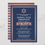 Invitación Bat Mitzvah Marina moderna Blue Pink Rose Gold Tre<br><div class="desc">Invitar a la familia y amigos a una elegante ceremonia de mitzvah en murciélago y celebración con una elegante invitación en oro color azul marino, blanco y rosa rosa. Todo el texto de esta plantilla es sencillo para el personalizar con cualquier texto relativo al servicio, lectura de Torah y fiesta....</div>