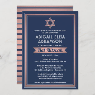 Invitación Bat Mitzvah Marina moderna Blue Pink Rose Gold Tre
