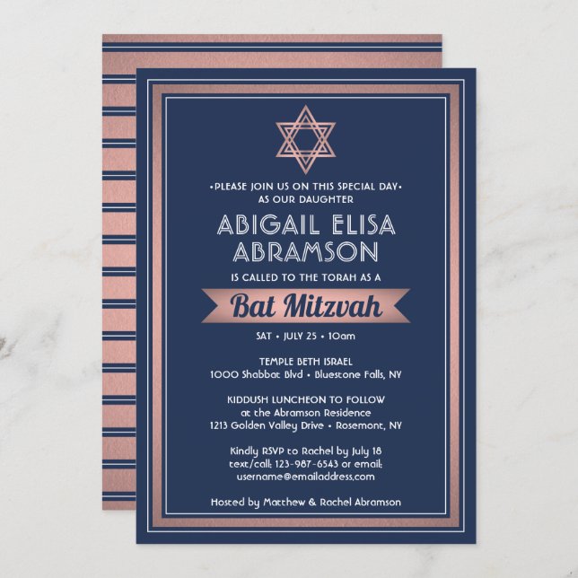 Invitación Bat Mitzvah Marina moderna Blue Pink Rose Gold Tre (Anverso / Reverso)