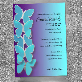 Invitación Bat Mitzvah Mariposa Dimensional Turquesa Púrpura